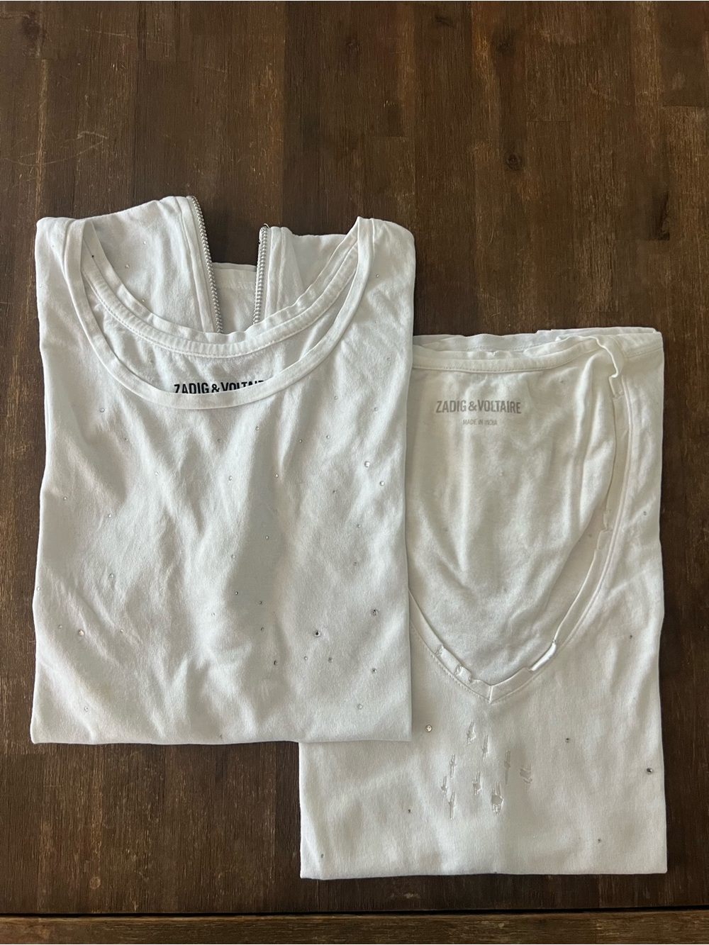 2 Zadig & Voltaire White Tees Stud-Embellished, distressed with holes